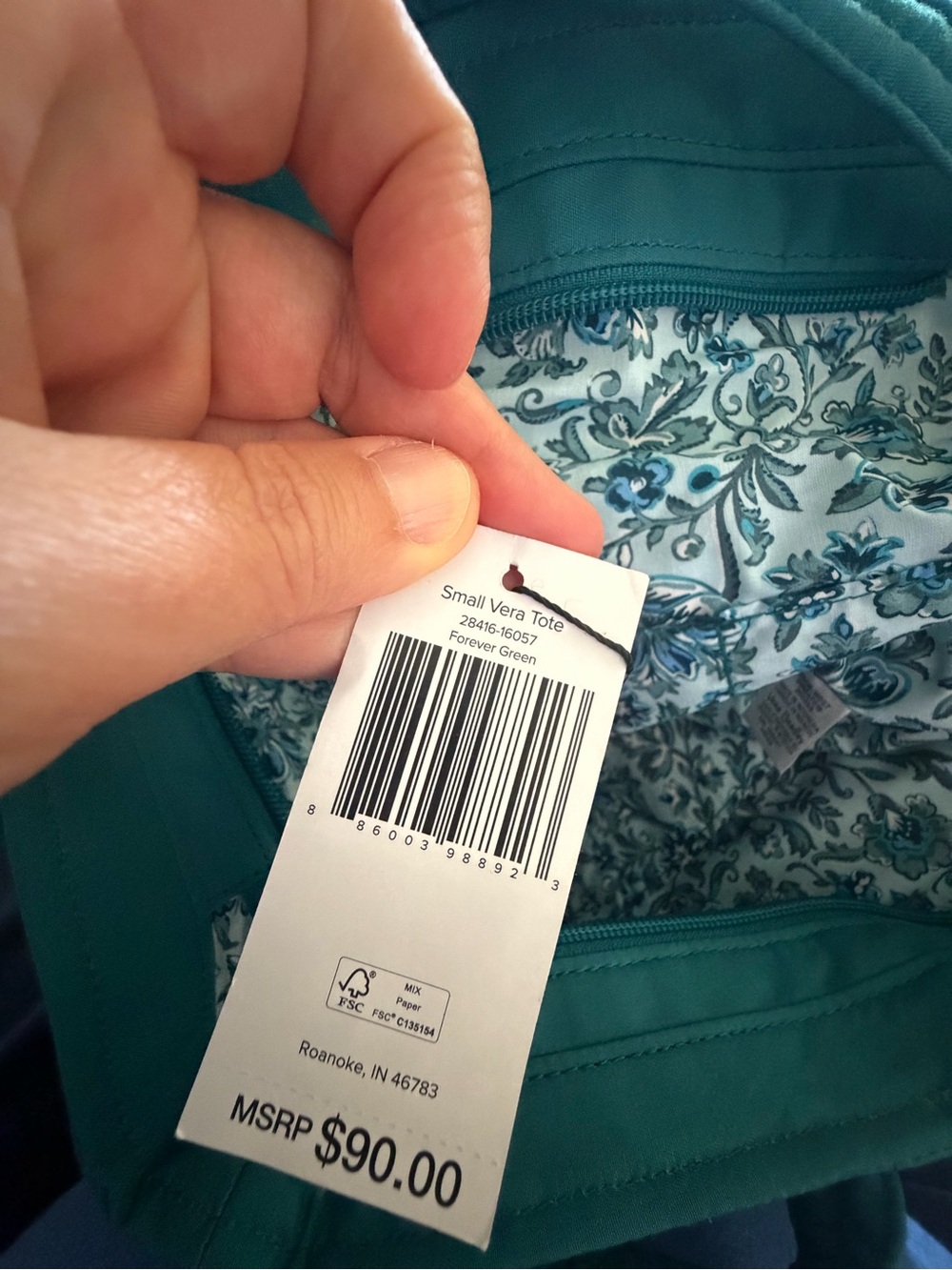 Vera Bradley Teal Quilted Tote with Floral Interior - Picture 3 of 8